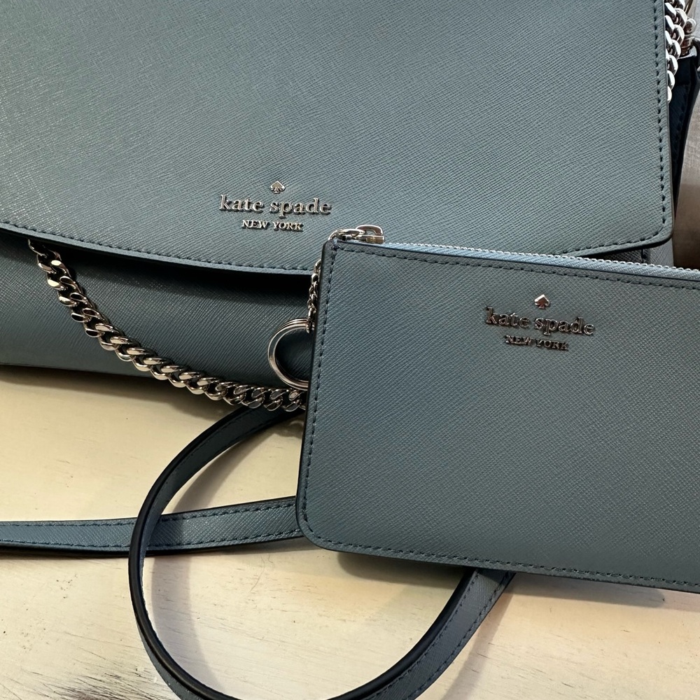 NWOT Kate Spade Light Blue Crossbody w/ Chain Detail & Keychain Card Wallet